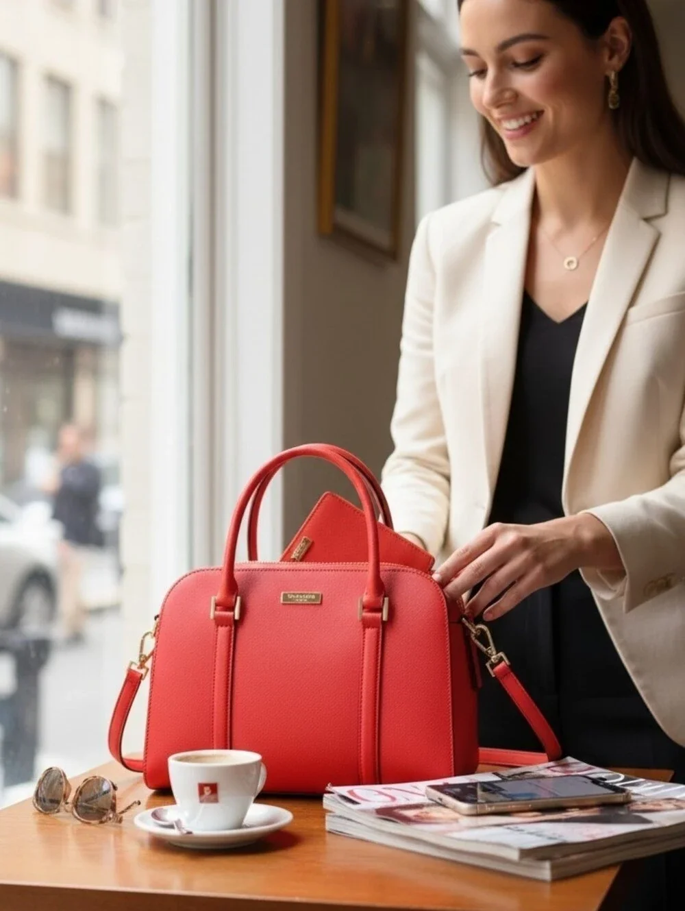 Red Structured Satchel Handbag with Matching Wallet